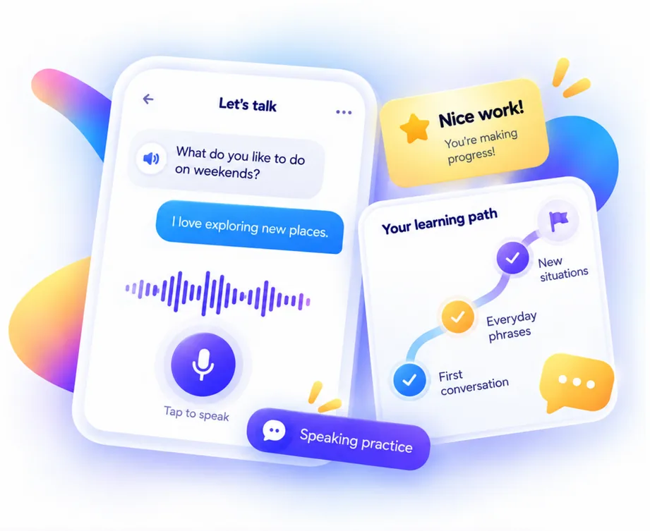 Màn hình app WayTalk: hội thoại luyện nói, thẻ khen “Nice work!” và lộ trình học từ hội thoại đầu tiên đến tình huống mới.