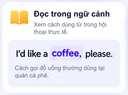 Đọc trong ngữ cảnh: xem cách dùng từ “coffee” trong một câu gọi đồ uống.