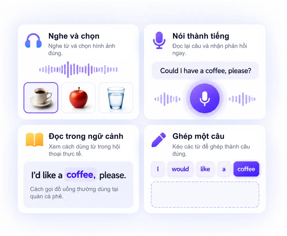 Nghe và chọn: nghe từ rồi chọn hình đúng. · Nói thành tiếng: đọc lại câu “Could I have a coffee, please?” và nhận phản hồi ngay. · Đọc trong ngữ cảnh: xem cách dùng từ “coffee” trong một câu gọi đồ uống. · Ghép một câu: kéo các từ để ghép thành câu đúng.