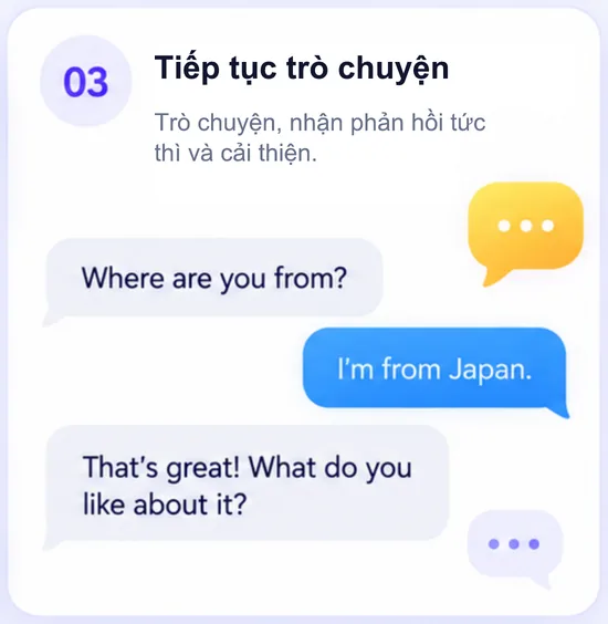 Bước 3, tiếp tục trò chuyện: luyện một đoạn hội thoại ngắn bằng tiếng Anh.