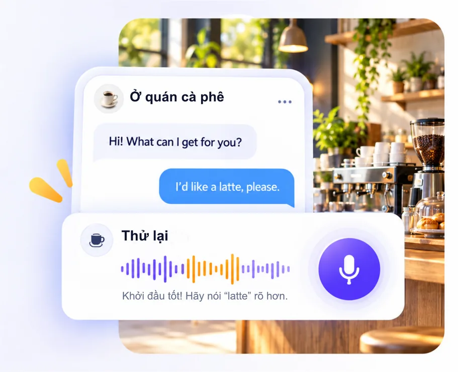 Hội thoại ở quán cà phê: gọi một ly latte và nhận góp ý để nói “latte” rõ hơn.
